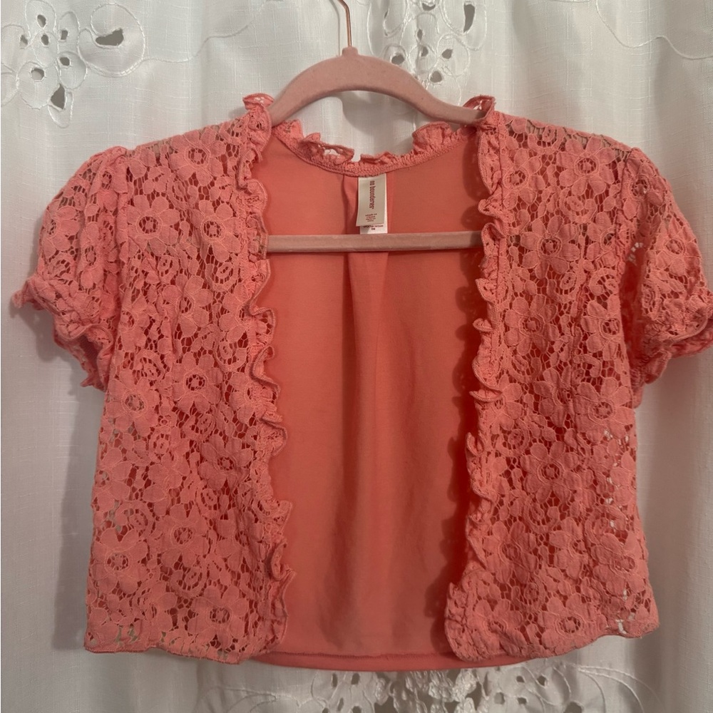 Peach Lace Bolero, Puff Sleeves, Ruffle Trim, Solid Back